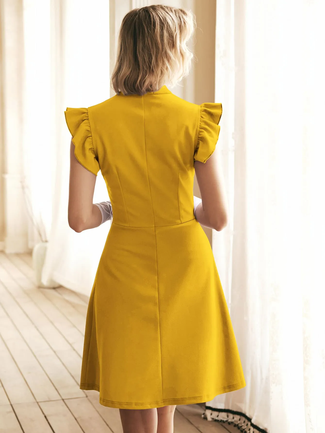Plain Button Front Cap Sleeve Notched Flared High Waist Short Dress