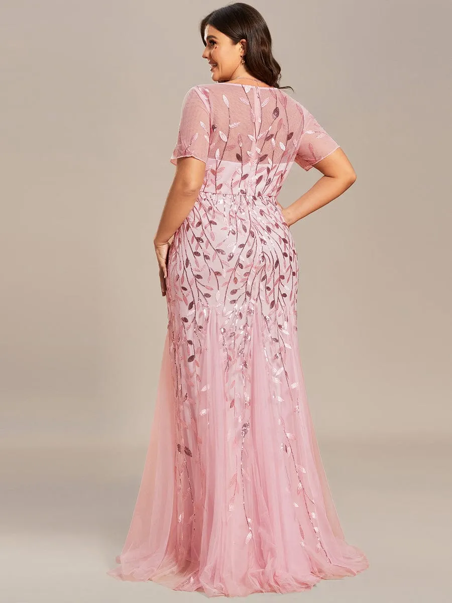 Plus Size Sequin Leaf Long Mermaid Tulle Prom Dress